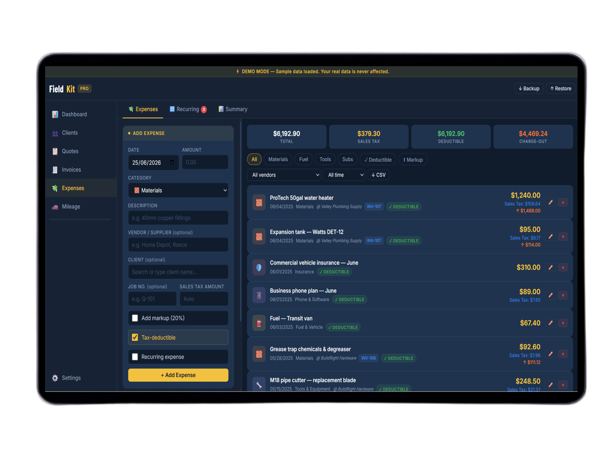 FieldKit Invoice Tracker on tablet